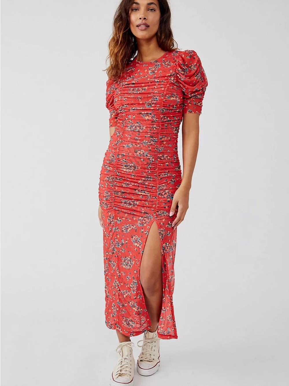 Free People Brielle Red Floral Mesh Ruched Midi Dress Sz XS
